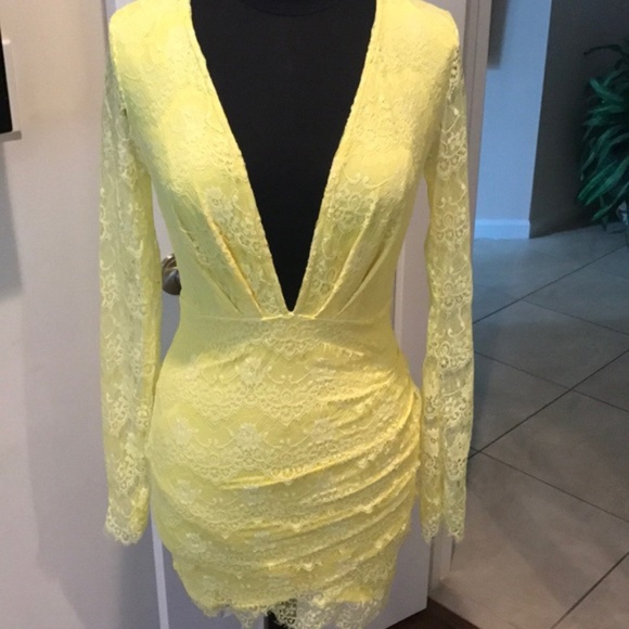 Light Yellow Lacey Mini Dress with Open Back - Picture 1 of 8